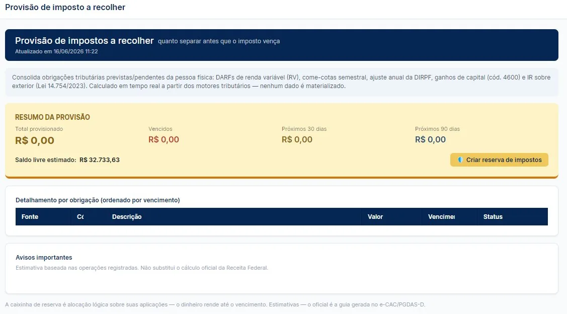 Tela de provisão de impostos